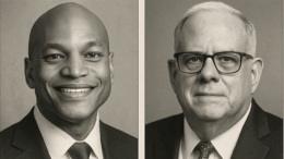 This is an image of Maryland Governor Wes Moore and former Maryland Governor Larry Hogan.