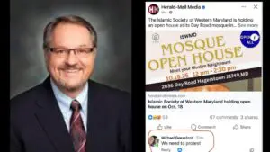 This is an image of Mike Guessford split beside his anti-Muslim Facebook comments.