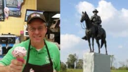 This is a photograph of Republican Congressional Candidate Neil Parrott holding an ice cream cone next to a statute of Confederate General Robert E. Lee at the Antietam National Battlefield.