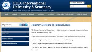 CICA International University & Seminary Honorary Doctorate of Humane Letters