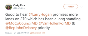 Montgomery County Councilman Craig Rice supports Larry Hogan's plan to add managed lanes to Interstate 270