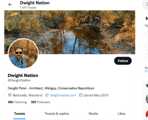 This is a photograph of Dwight Patel's Twitter account bio that misrepresents his professional work history. 
