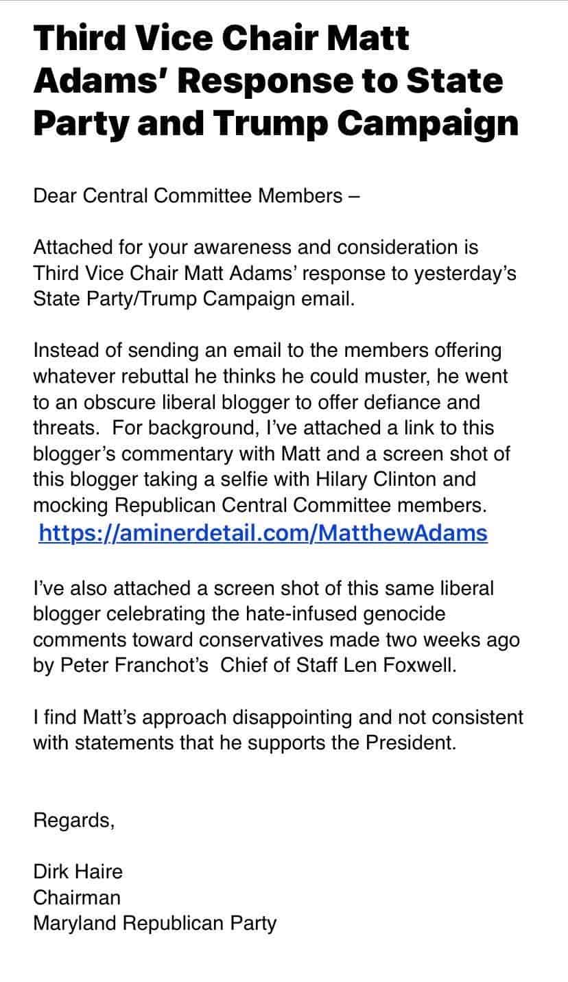 Maryland GOP Leader statement on Matthew Adams 