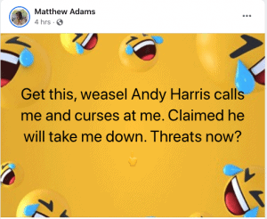 Matthew Adams Facebook Post on Andy Harris 