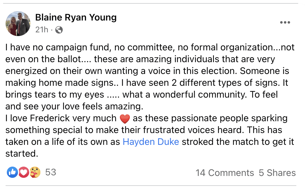 Write-in Blaine Young for Frederick City mayor