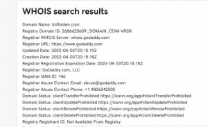 An anonymous website attacking Bill Folden is registered via GoDaddy.com. 