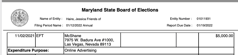 The Jessica Haire for County Executive campaign continued to pay Rory Mchane's firm until November 2021. 