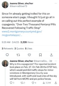 This is a Tweet published by Joanna Silver, a Montgomery County Reimagining Public Safety Task Force member. 