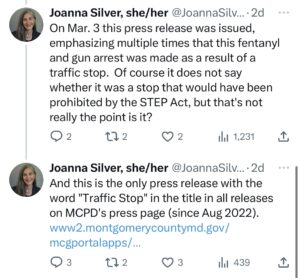 This is a tweet published by Joanna Silver, a Montgomery County, Maryland anti-police activist. 