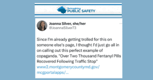 This is a photograph of Joanna Silver's Tweets attacking Montgomery County Police in March 2023.