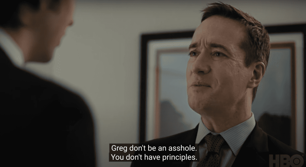 This is a screenshot of Tom and Greg chatting in Season 2 of Succession about Greg's ethical concerns about the Roy family's media network, ATN. 