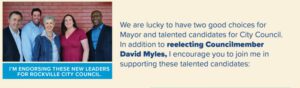 2023 campaign mailer showing Maryland state Senator Cheryl Kagan endorsing Rockville Councilman David Myles amidst Myles' pending assault charges.