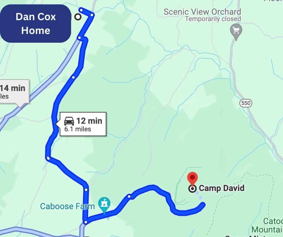 This is a graphic depicting a Google Map, showing Dan Cox's home in comparison to Camp David.
