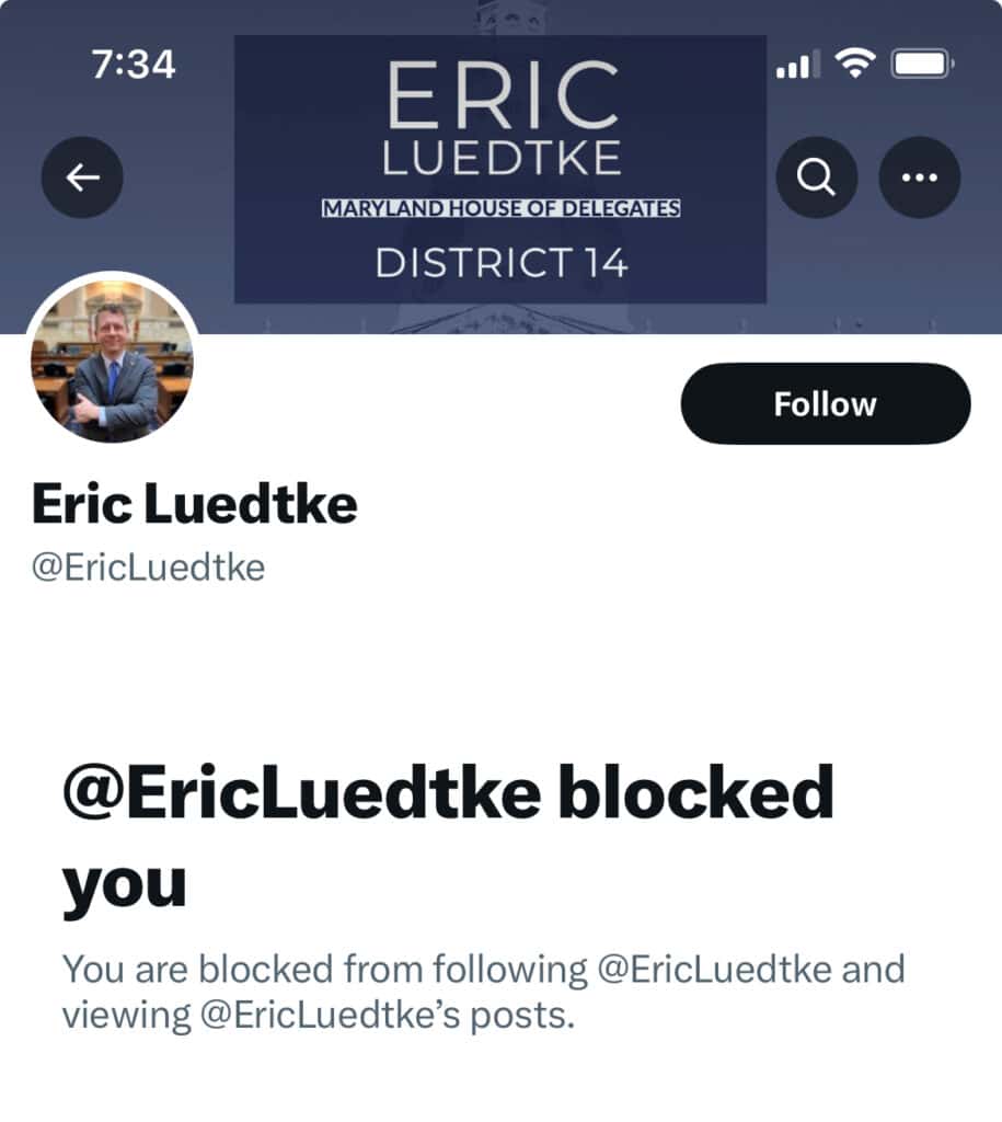Maryland Governor Wes Moore's chief legislative officer, Eric Luedtke, blocked A Miner Detail on social media. 