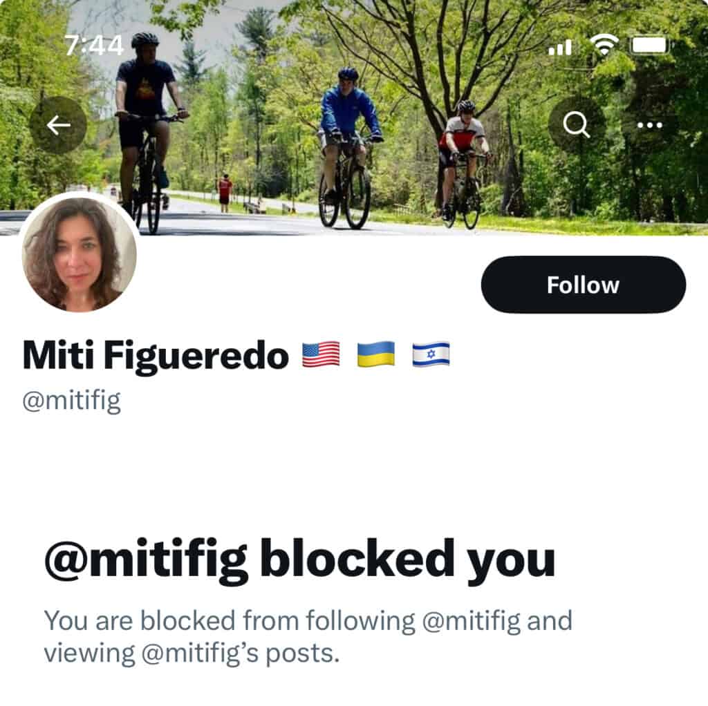 Montgomery County Parks Director Miti Figueredo, a public official, blocked A Miner Detail from following her X account. 