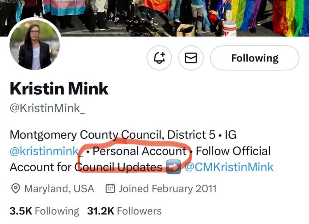 This is a screenshot of Montgomery County Councilwoman Kristin Mink's personal X account. 