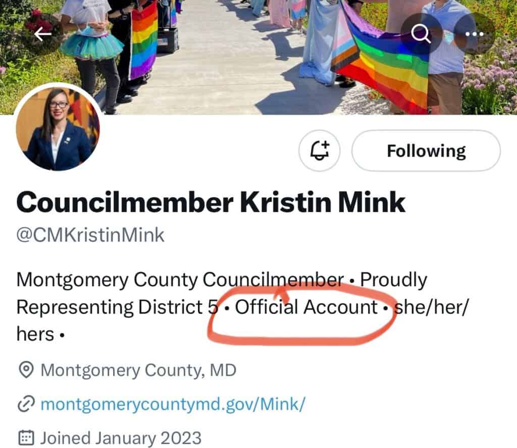 This is a screenshot of Montgomery County Councilwoman Kristin Mink's official government X account profile. 