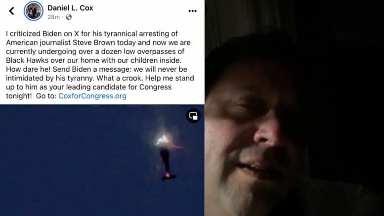 This is an image of Republican Congressional Candidate Dan Cox's social media post in which he claimed Joe Biden used Black Hawk Helicopters to intimidate him.