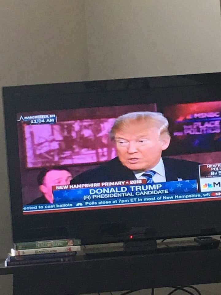 This is a photograph of Donald Trump in February 2016 appearing on MSNBC in Manchester, New Hampshire, during the New Hampshire Primary. 