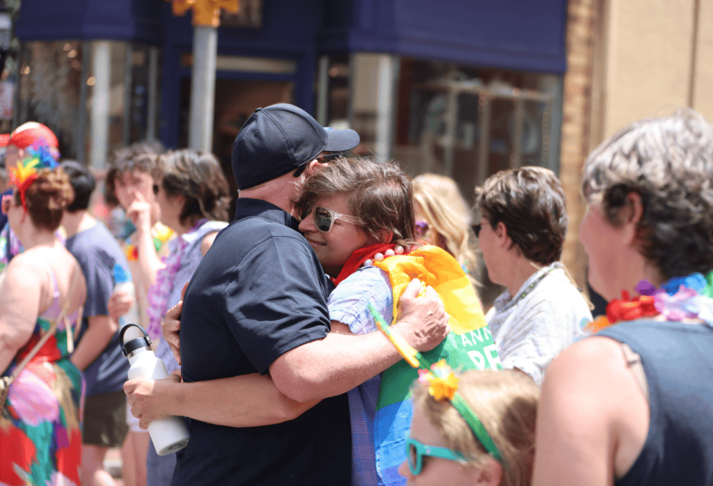 This is a photograph of Former Maryland Governor Larry Hogan, a candidate for the U.S. Senate, attending the 2024 Annapolis Pride Parade. 