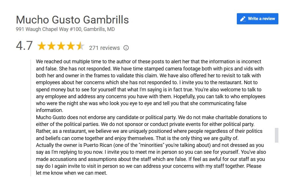 Gambrills, Maryland, restuarant Mucho Gusto's owner's response to Maryland lawyer Clarissa Lindsey. 