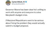 This is a screenshot of Maryland Press Secretary Carter Elliott IV's February 5, 2025, X post attacking Maryland Republicans over the state budget.