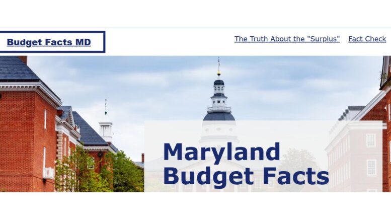 Screenshot of BudgetFactsMD.com, a Maryland Democratic Party website about the state budget. The site features an image of the Maryland State House with bold text reading "Maryland Budget Facts" and navigation links to pages titled "The Truth About the 'Surplus'" and "Fact Check."