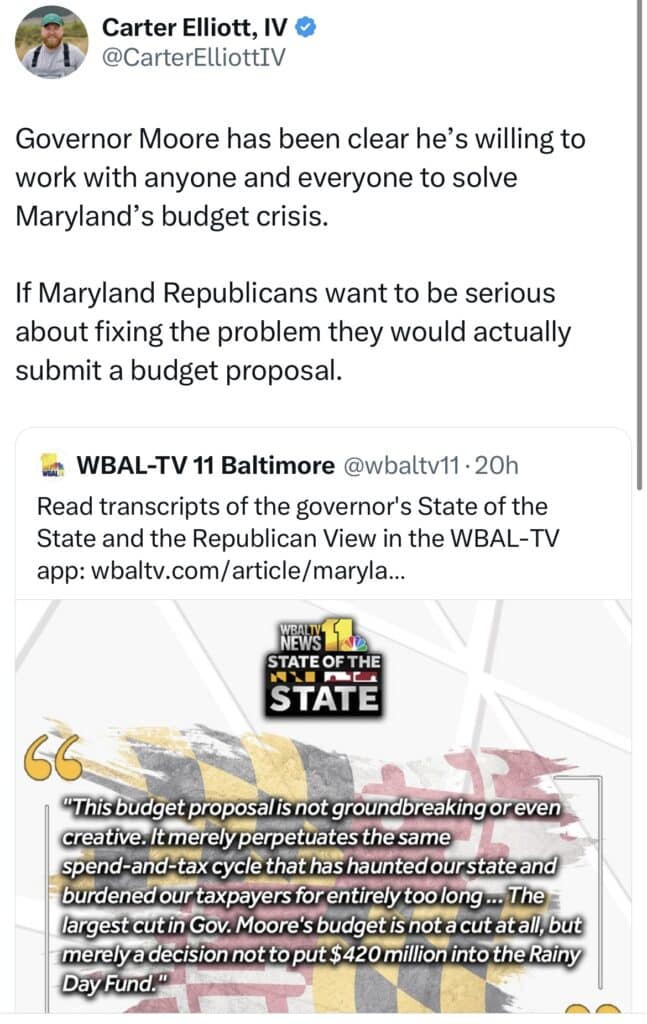 This is a screenshot of Maryland Press Secretary Carter Elliott IV's X comments about the state's budget. 