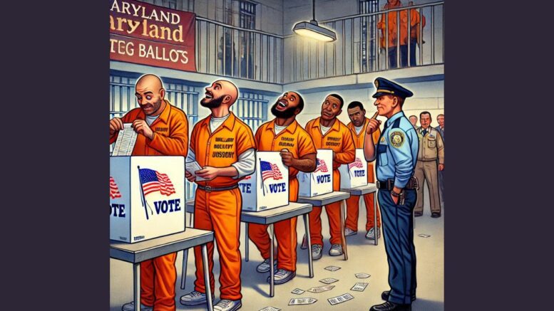 This is an AI-generated image of violent convicted felons being allowed to vote in Maryland prisons while still serving their prison sentence.