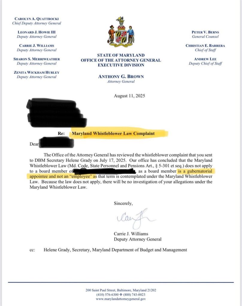 This is a letter written by Maryland Deputy Attorney General Carrie J. Williams about Maryland gubernatorial appointments not having Whistleblower protections. 