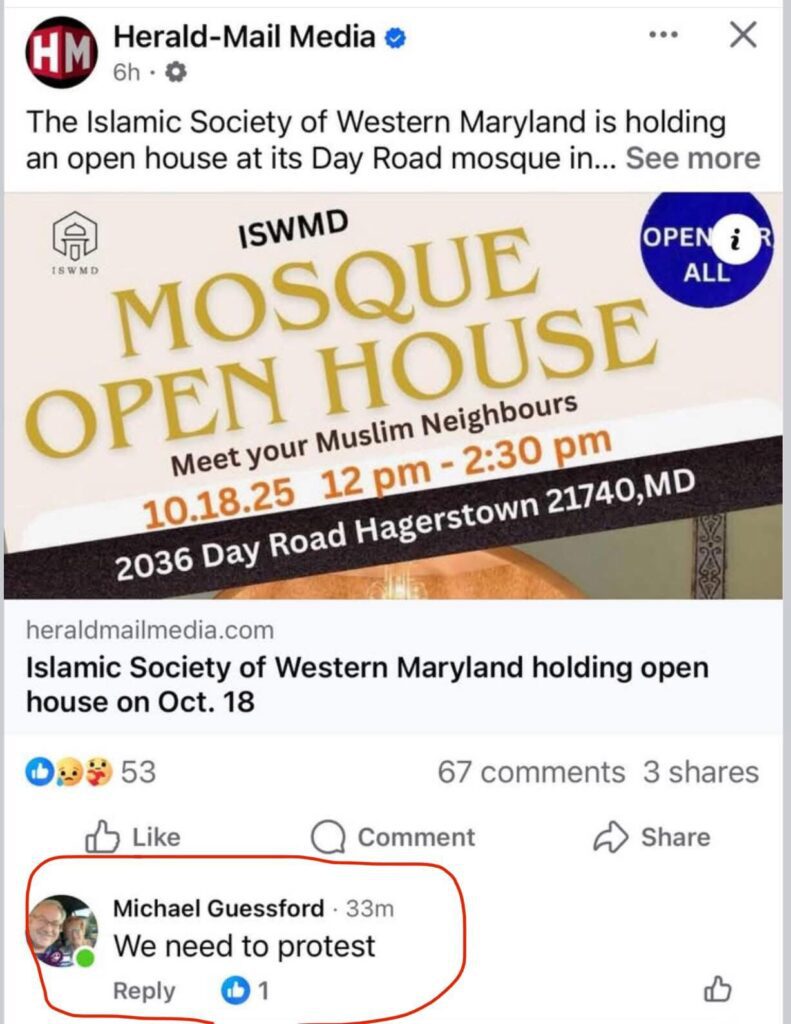 This is a screenshot image taken from Facebook showing Washington County Board of Education Vice President Mike Guessford calling for protests against the Western Maryland Muslim Community. 