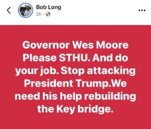 This is a screenshot from Maryland State Delegate Bob Long's Facebook page regarding the Baltimore Francis Scott Key Bridge reconstruction.