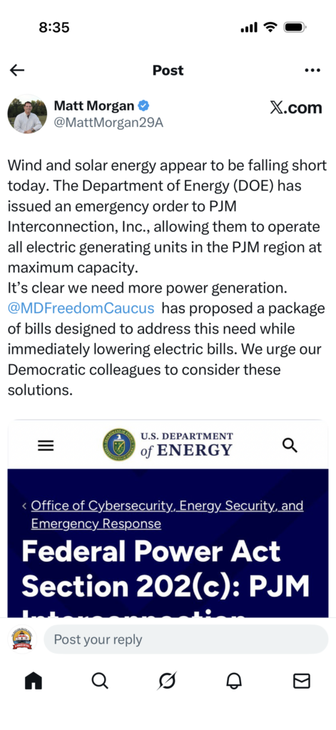 This is an X post published by Maryland State Delegate Matt Morgan on Sunday, January 25, 2026, about regional energy concerns as related to Winter Storm Fern (January 2026). 