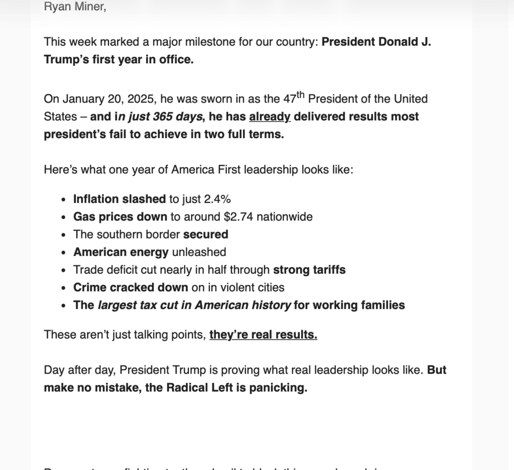 Nicole Beus Harris, chair of the Maryland Republican Party, released an email on Saturday, January 24, 2026, filled with lies about Donald Trump's first year of his second term.