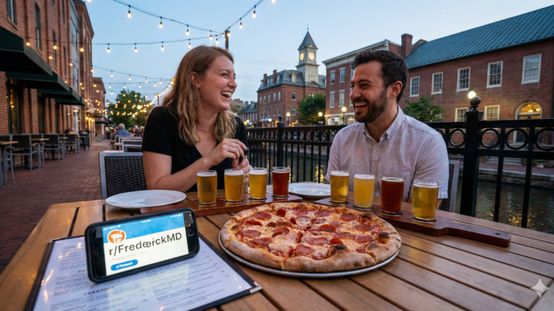 Happy couple enjoying an affordable date night with pizza and craft beer flights along Carroll Creek in Downtown Frederick, MD, with a phone displaying the Frederick subreddit recommendations.