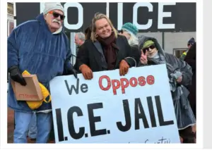 This is a picture of Rep. April McClain-Delaney opposing the proposed Williamsport ICE facility in Washington County, Maryland.