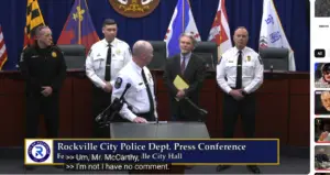 This is a photograph of Rockville Police and States Attorney John McCarthy on Tuesday, February 10, 2026, speaking about the Wootton High School shooting that occurred on Monday, February 9, 2026.