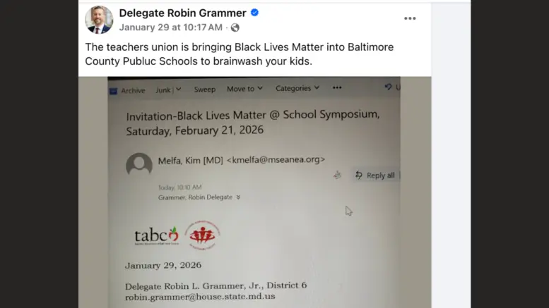 Maryland State Delegate Robin Grammer Facebook post screenshot regarding BCPS event.
