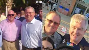 This is a photograph of Gaithersburg Mayor Jud Ashman and former Maryland Governor Larry Hogan, as well as Jud Ashman pictured next to Former Rep. David J. Trone.