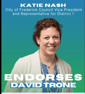 This is an image of Katie Nash on a David Trone graphic, endorsing Trone in the 2026 6th Congressional District Democratic primary.