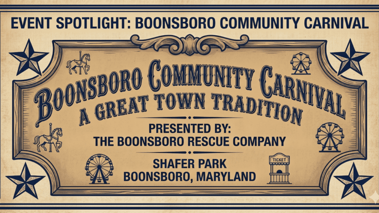 llustrated event spotlight graphic for the 2026 Boonsboro Community Carnival, presented by the Boonsboro Rescue Company at Shafer Park, Boonsboro, Maryland, May 22 through May 30, 2026.